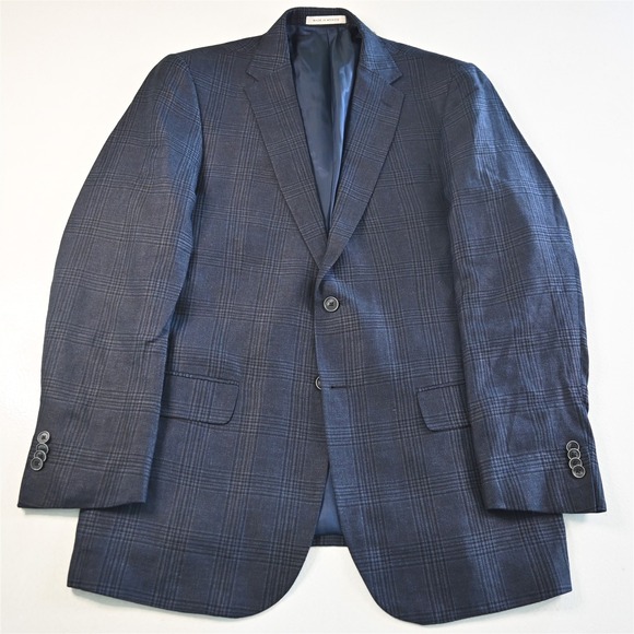 Joseph Abboud 44L Blue Glenn Check Linen Wool Reda Blazer Suit Jacket Sport Coat